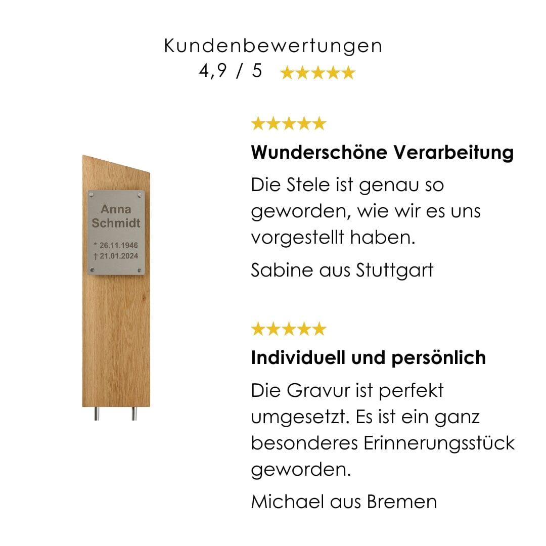 Grabstele aus Eiche mit Edelstahlplatte kreuzkreativ 