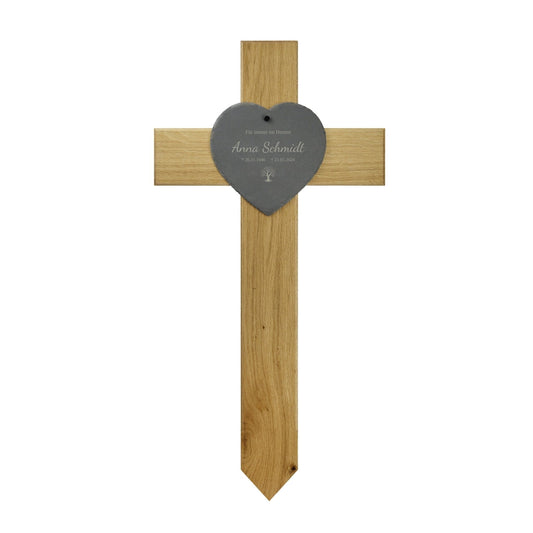 Grabkreuz aus Eiche mit Schieferherz kreuzkreativ 