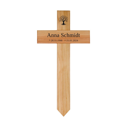 Grabkreuz aus Holz mit Namen und Motiv kreuzkreativ 
