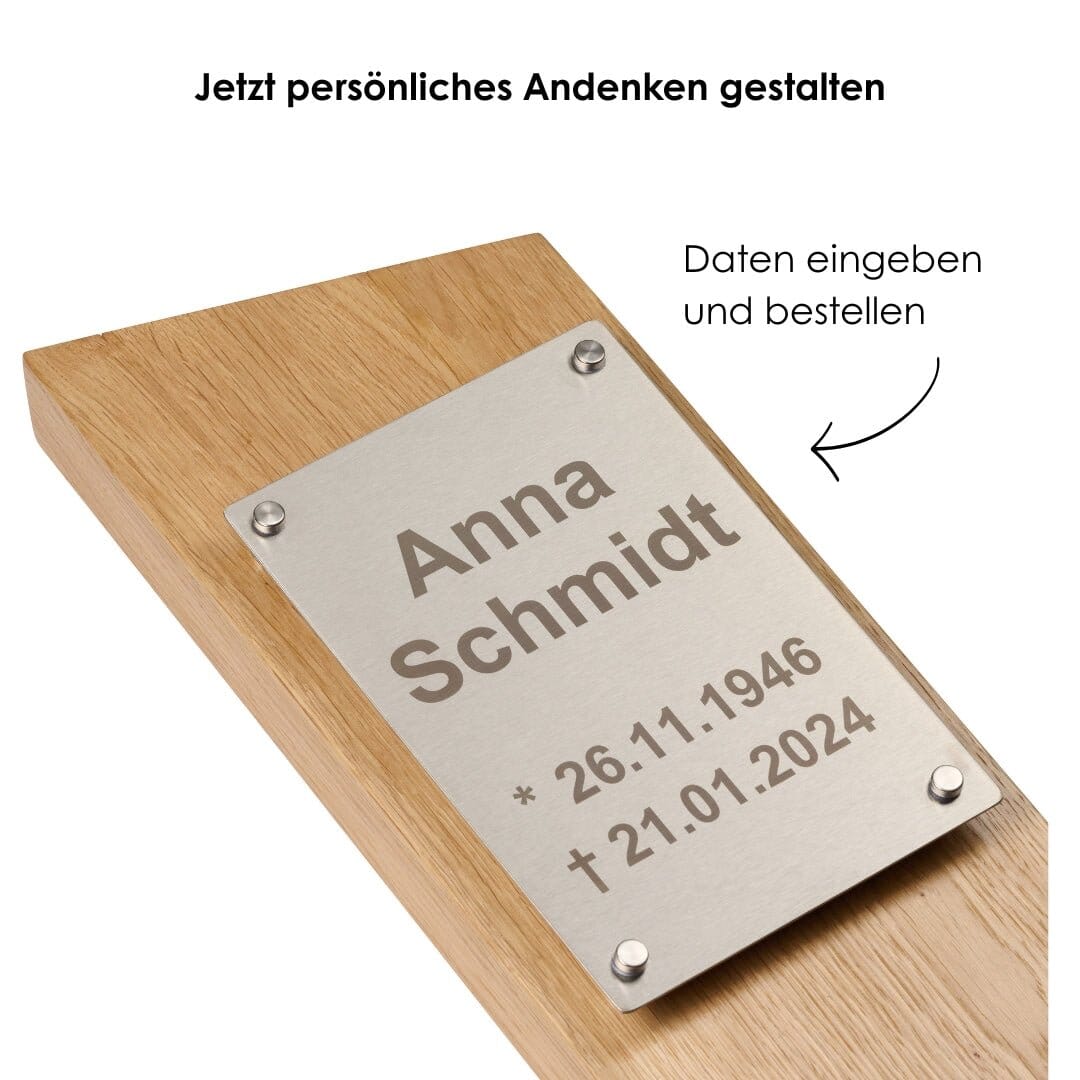 Grabstele aus Eiche mit Edelstahlplatte kreuzkreativ 