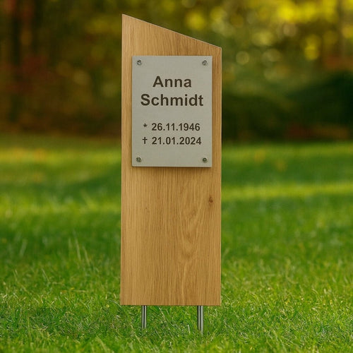 Grabstele aus Eiche mit Edelstahlplatte kreuzkreativ 