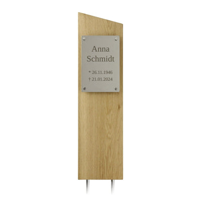 Grabstele aus Eiche mit Edelstahlplatte