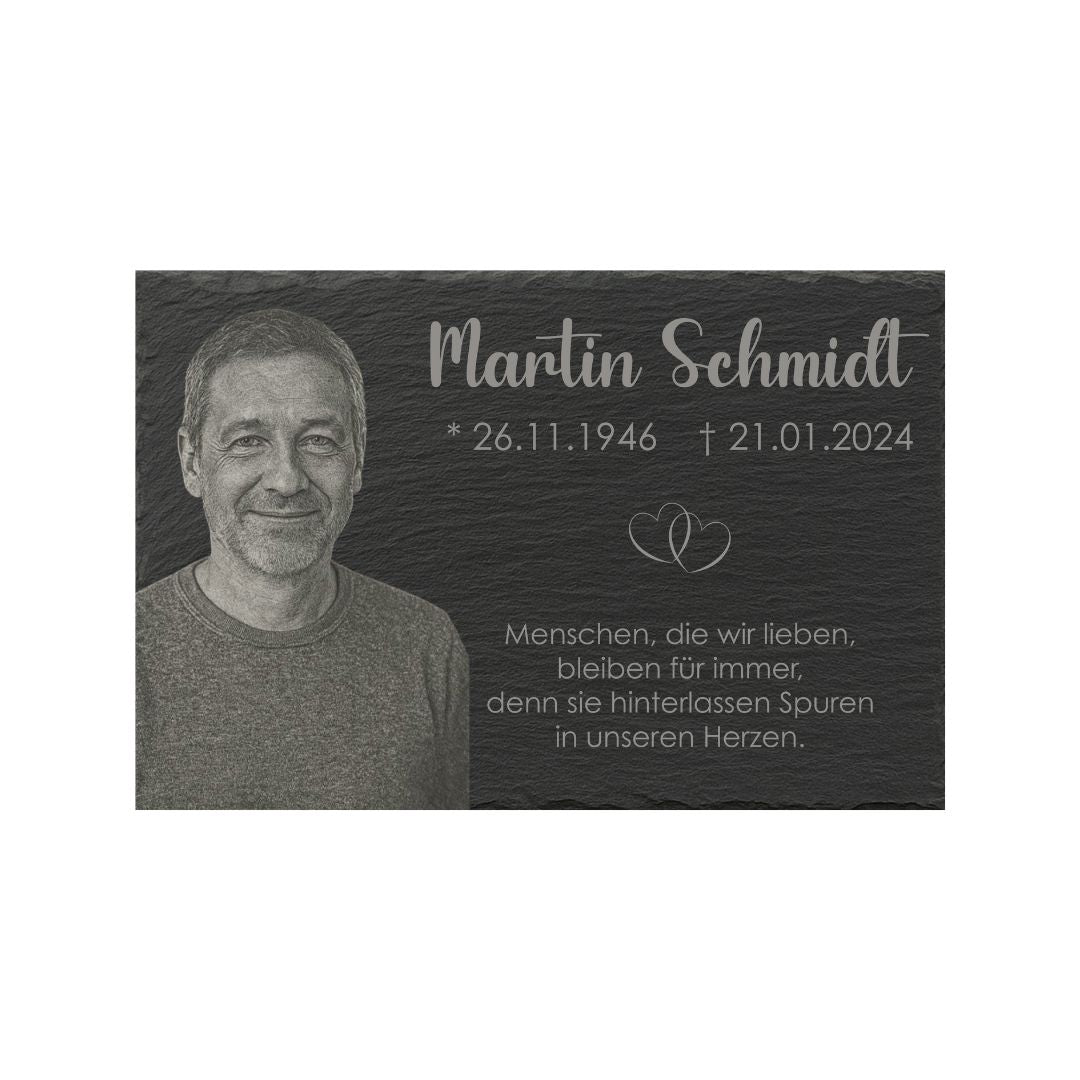 Personalisierte Gedenktafel aus Schiefer mit Foto - kreuzkreativ